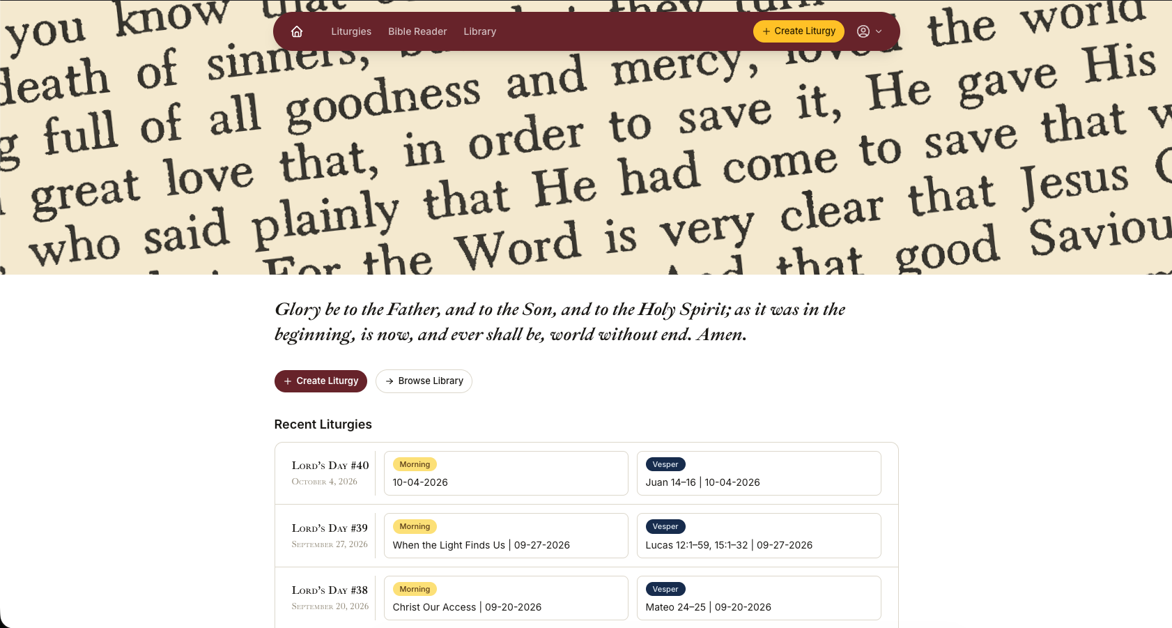The Reformed Life Liturgy app landing page: the week's liturgies listed under Recent Liturgies with Morning and Vesper entries