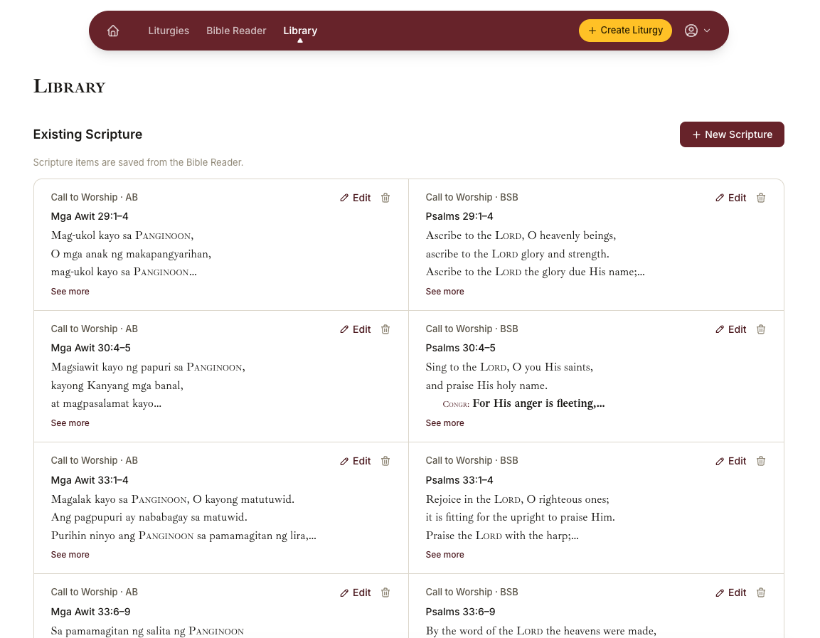 The shared library: saved Scripture items in bilingual pairs, Ang Biblia and the Berean Standard Bible, ready for Compilers to build from
